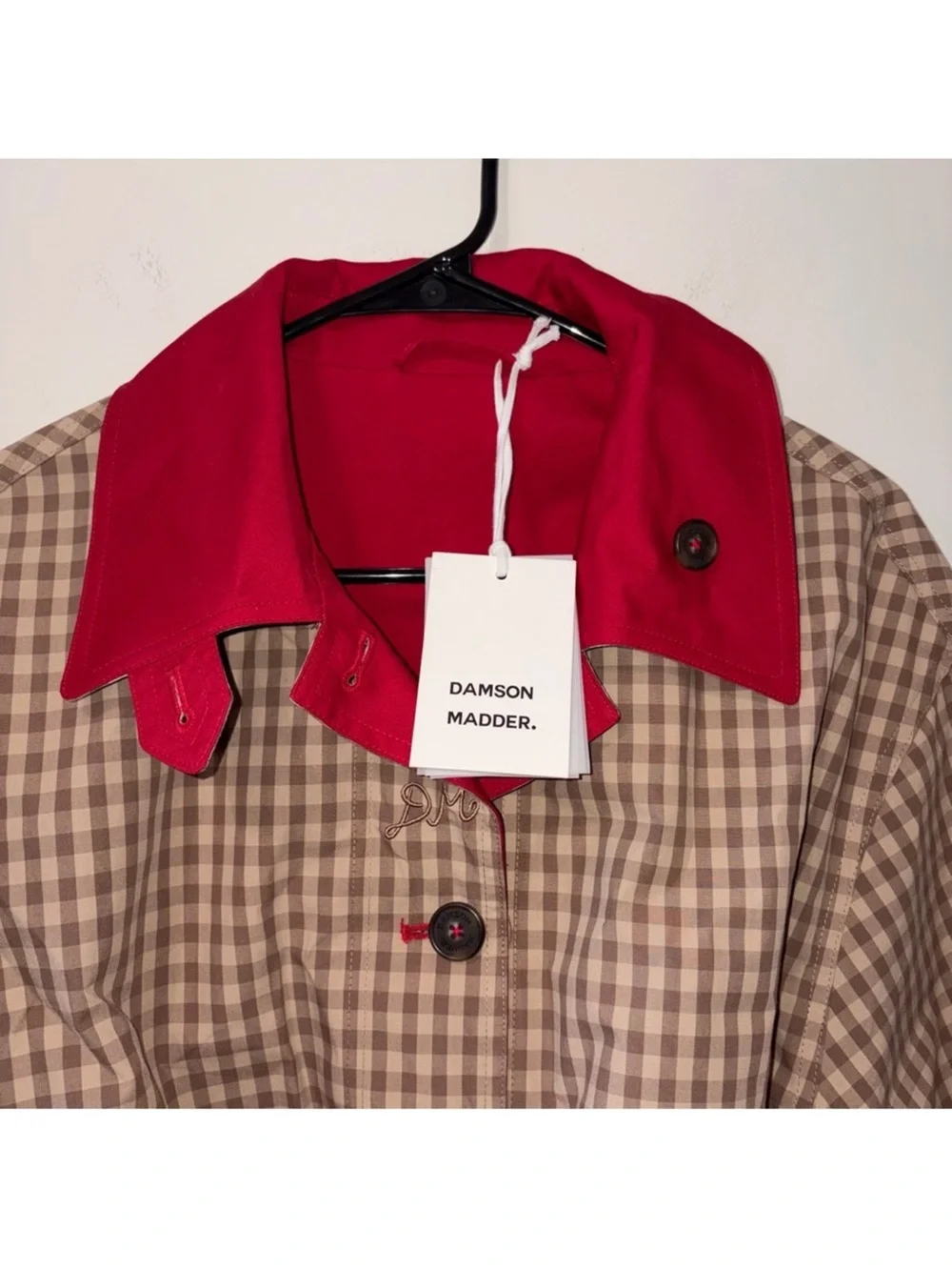 Damson Madder Reversible Red and Tan Check Women's Trench Coat oversized - Picture 15 of 16